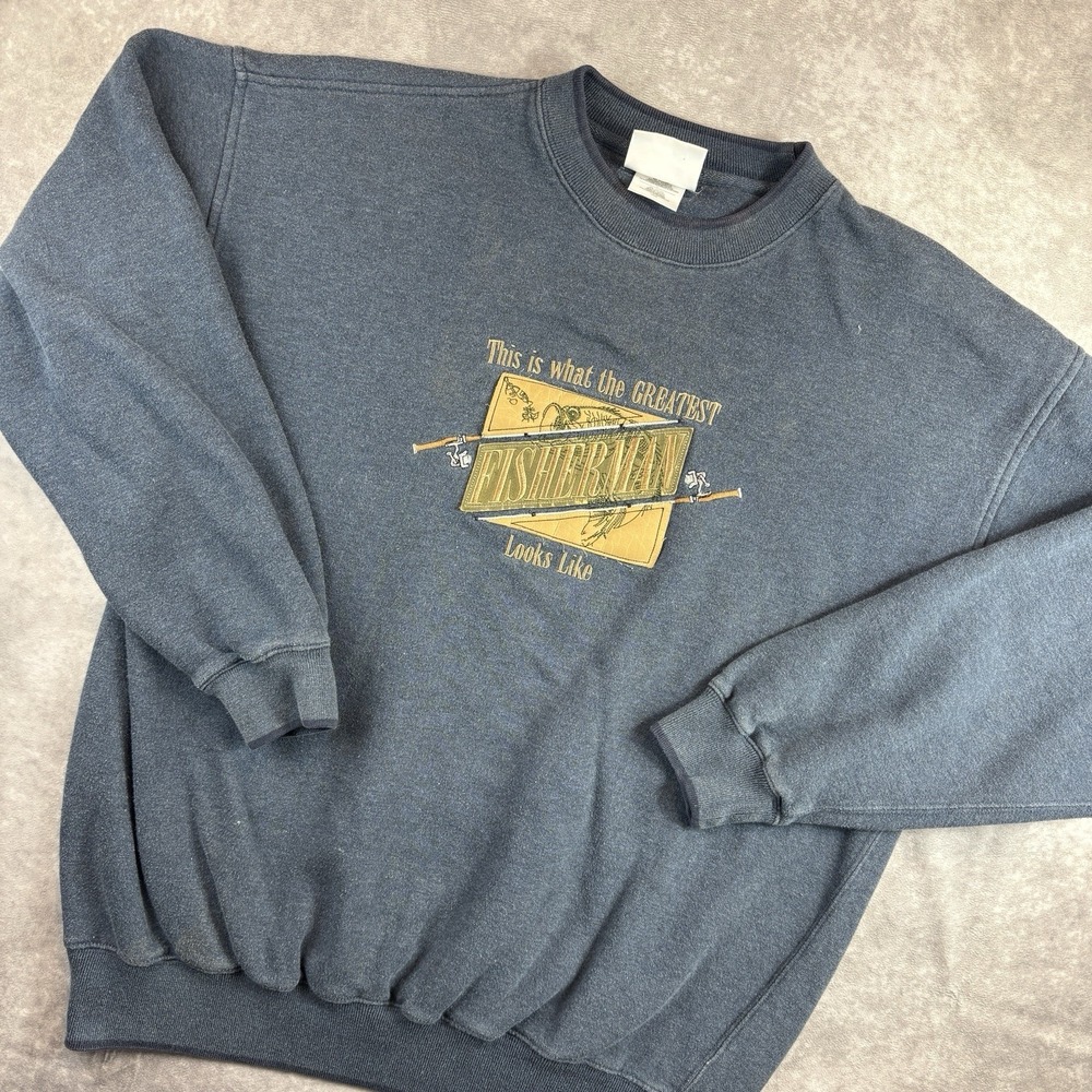 Vintage Y2K Fishing Sweatshirt Mens Large Blue Fisherman Embroidered Dad